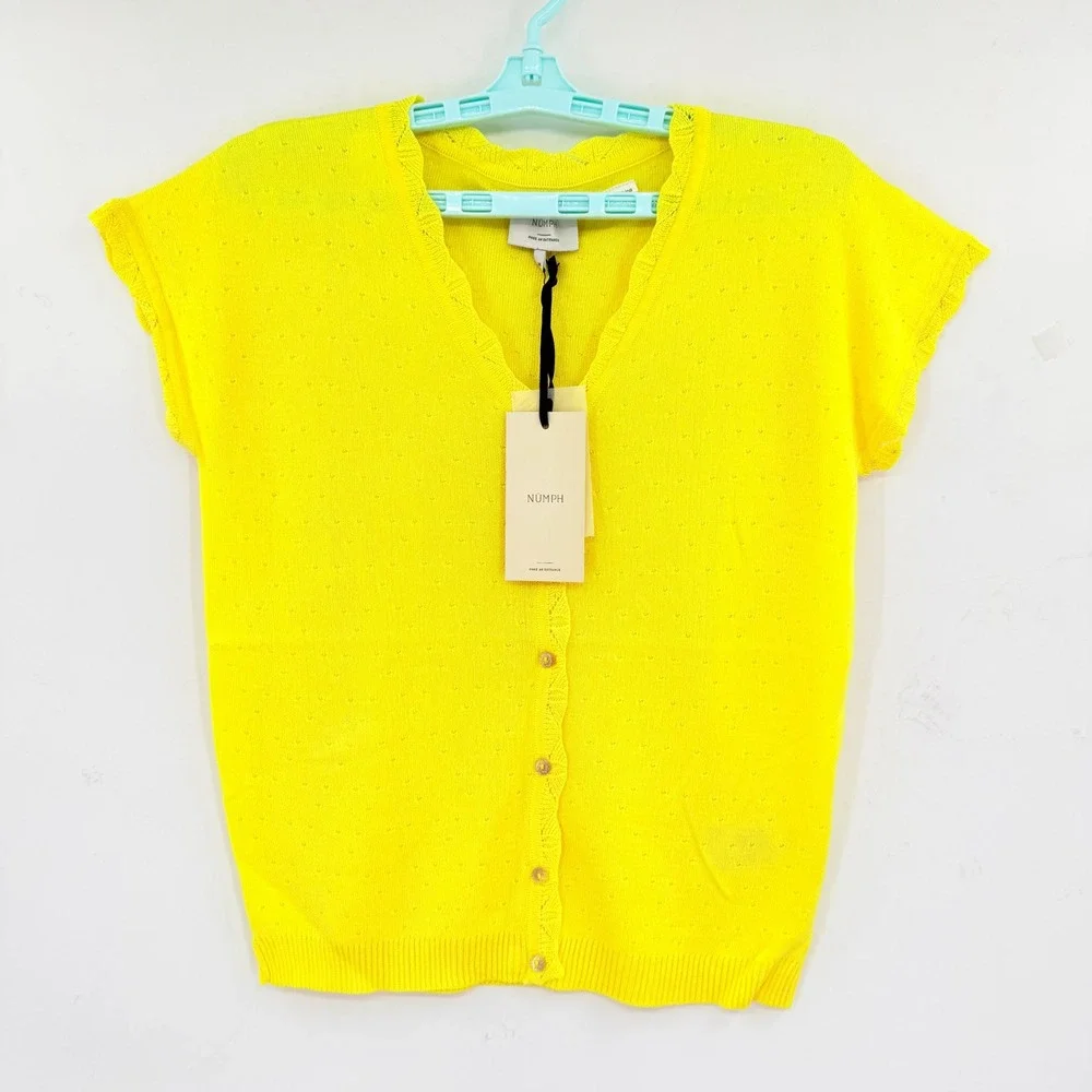 NUMPH Women's Kyoto Pullover Top Aurora Yellow Pointelle Short Sleeve Size M NWT